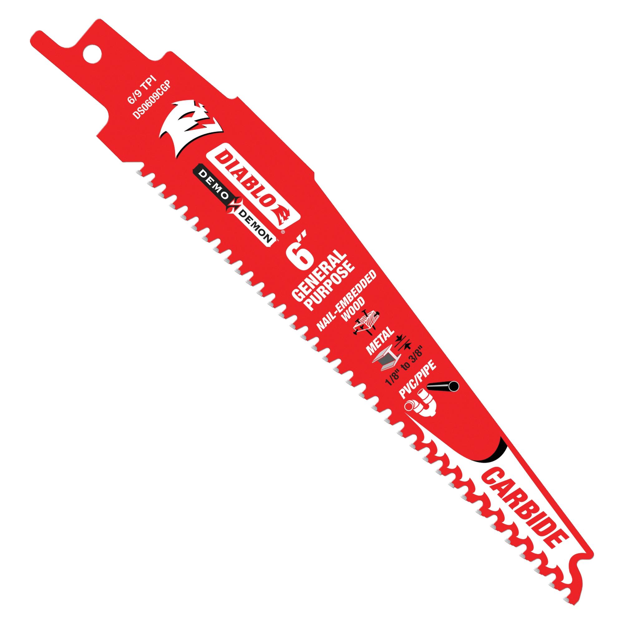 DIABLO® DS0609CGP3 Reciprocating Saw Blade, 6 in L, 1 in W, Straight, Tapered Cut, 6 to 9 TPI, Carbide Cutting Edge